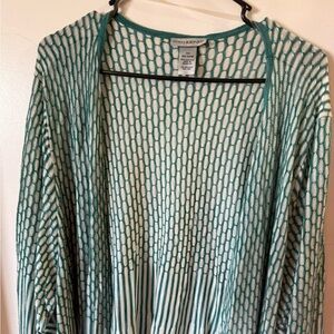 Catherine’s Woman’s Plus Size Green & White Open Sweater Thin Knit 30/32W 4X